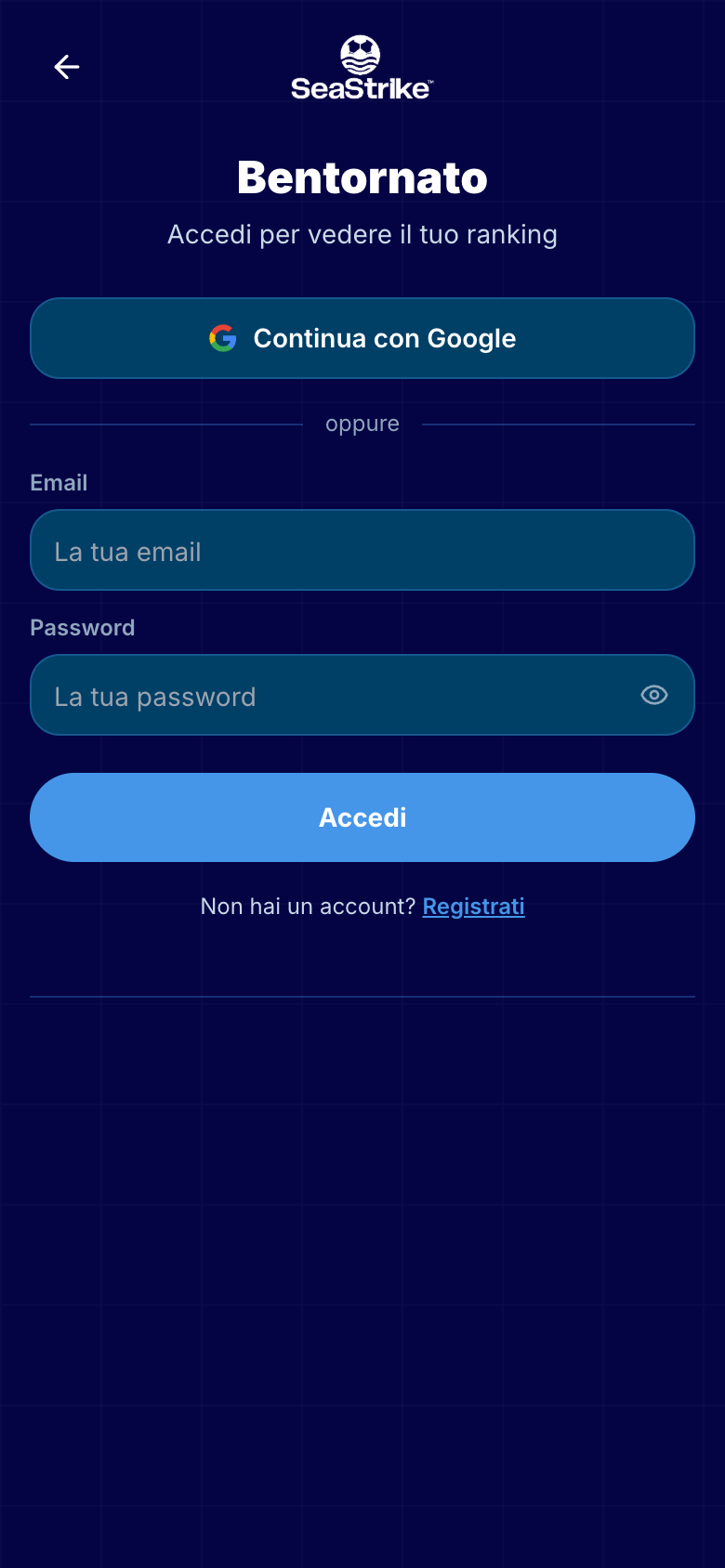 Schermata dell'app: accesso al profilo giocatore