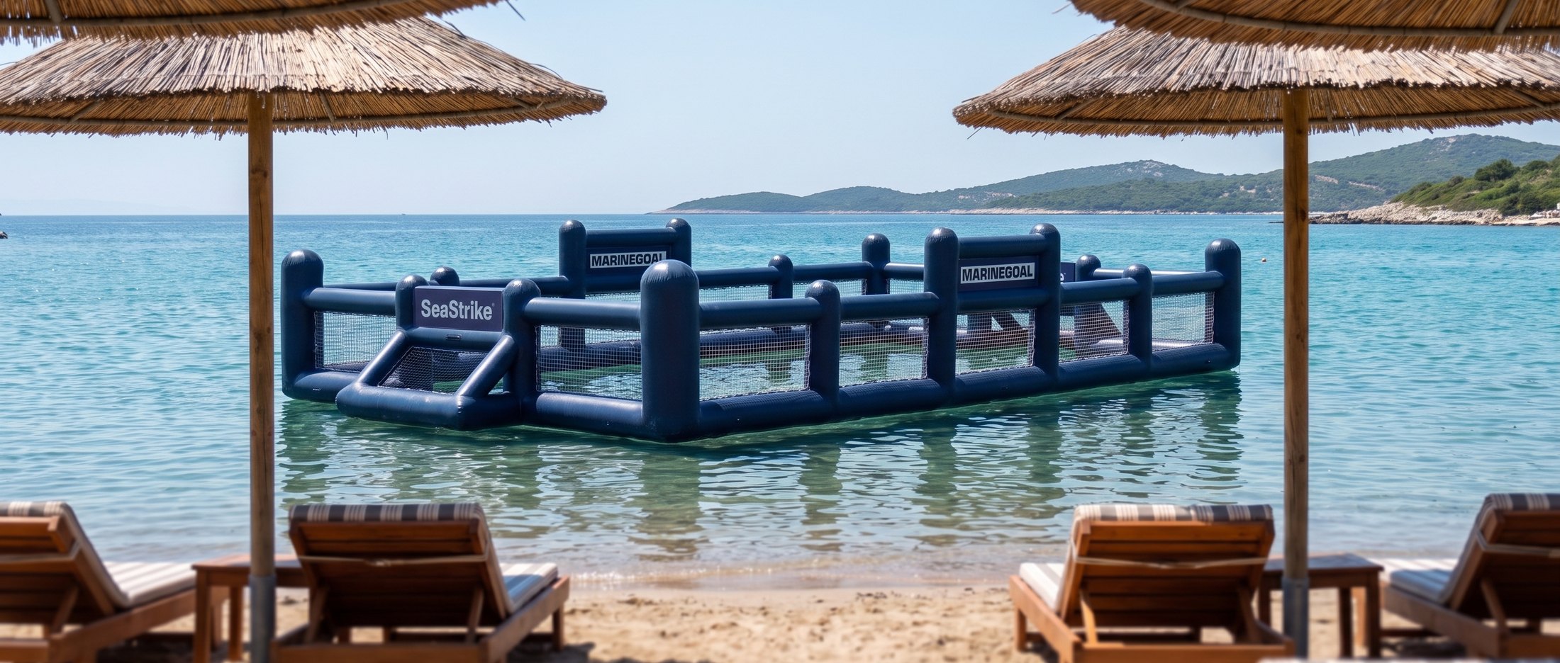 Render di progetto: l'arena SeaStrike ancorata in mare, vista dalla riva